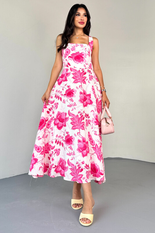 ELB-01810 Pembe Kare Yaka Beyaz Çiçek Desenli Astarlı Askılı Elbise - 6