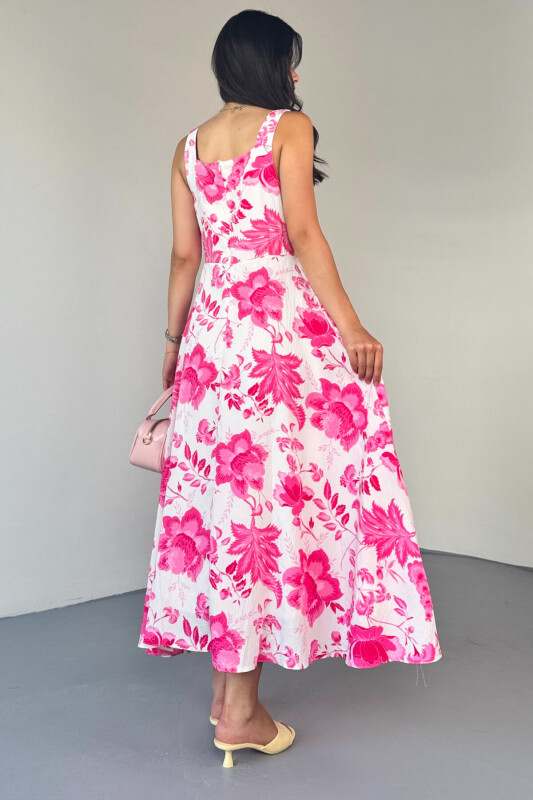 ELB-01810 Pembe Kare Yaka Beyaz Çiçek Desenli Astarlı Askılı Elbise - 7