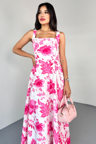 ELB-01810 Pembe Kare Yaka Beyaz Çiçek Desenli Astarlı Askılı Elbise - 2