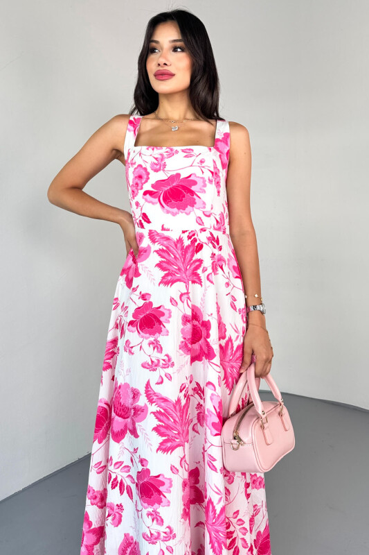 ELB-01810 Pembe Kare Yaka Beyaz Çiçek Desenli Astarlı Askılı Elbise - 2