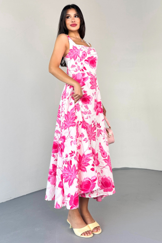 ELB-01810 Pembe Kare Yaka Beyaz Çiçek Desenli Astarlı Askılı Elbise - 8