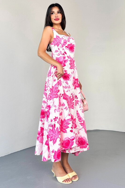 ELB-01810 Pembe Kare Yaka Beyaz Çiçek Desenli Astarlı Askılı Elbise - 8