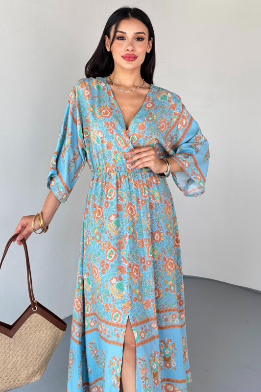 ELB-01813 Mavi Kruvaze Yaka Çiçek Desenli Viskon Uzun Elbise - 5