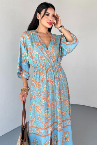 ELB-01813 Mavi Kruvaze Yaka Çiçek Desenli Viskon Uzun Elbise - 6