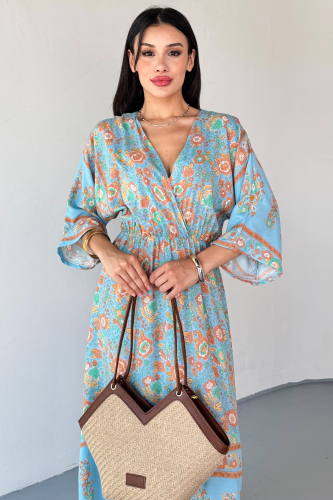 ELB-01813 Mavi Kruvaze Yaka Çiçek Desenli Viskon Uzun Elbise - 2