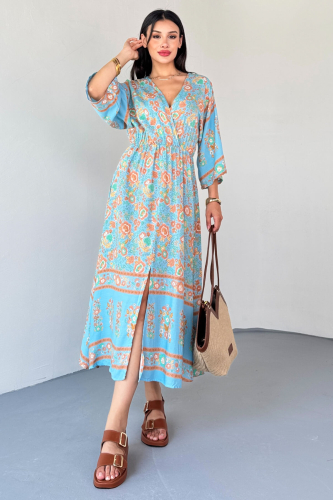 ELB-01813 Mavi Kruvaze Yaka Çiçek Desenli Viskon Uzun Elbise - 8