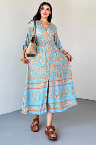 ELB-01813 Mavi Kruvaze Yaka Çiçek Desenli Viskon Uzun Elbise - 11