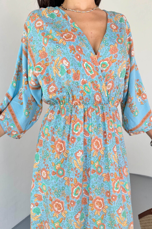 ELB-01813 Mavi Kruvaze Yaka Çiçek Desenli Viskon Uzun Elbise - 12