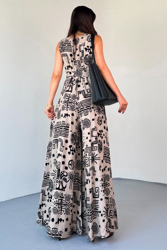 ELB-01816 Bej Etnik Desenli Kuşaklı Askılı Dokuma Tulum Elbise - 3