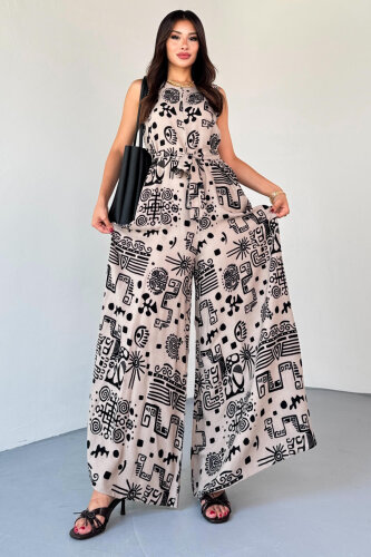 ELB-01816 Bej Etnik Desenli Kuşaklı Askılı Dokuma Tulum Elbise - 4