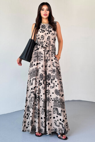 ELB-01816 Bej Etnik Desenli Kuşaklı Askılı Dokuma Tulum Elbise 