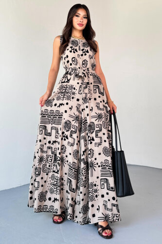 ELB-01816 Bej Etnik Desenli Kuşaklı Askılı Dokuma Tulum Elbise - 5