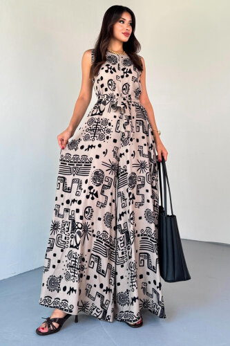 ELB-01816 Bej Etnik Desenli Kuşaklı Askılı Dokuma Tulum Elbise - 6