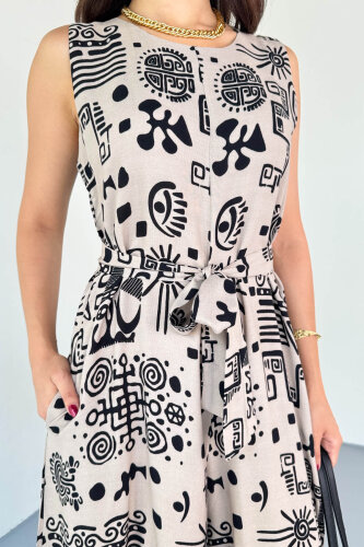 ELB-01816 Bej Etnik Desenli Kuşaklı Askılı Dokuma Tulum Elbise - 8