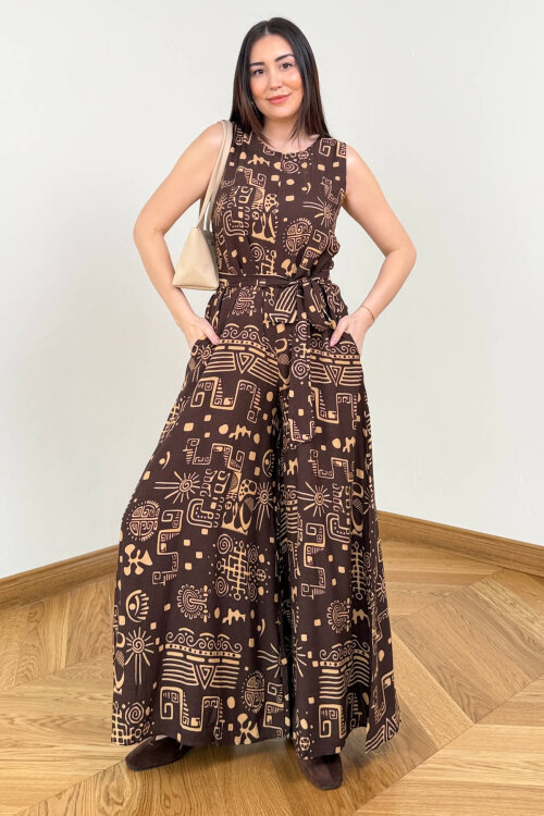 ELB-01816 Kahverengi Etnik Desenli Kuşaklı Askılı Dokuma Tulum Elbise