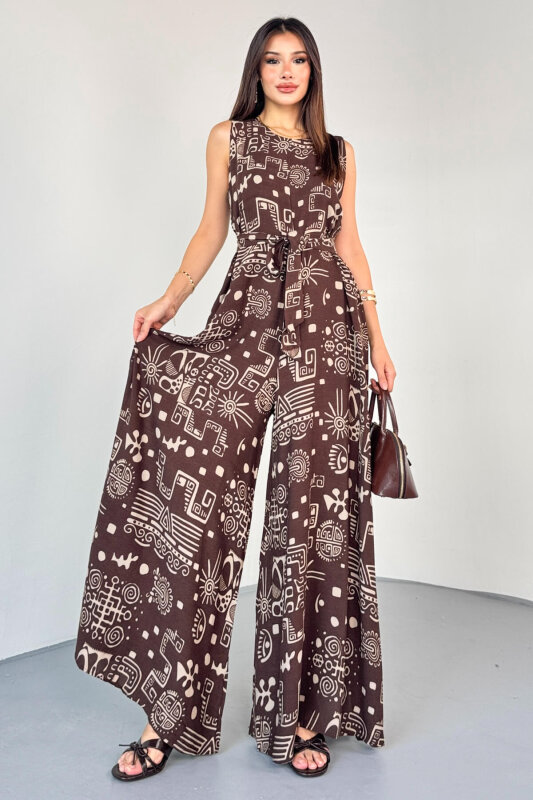 ELB-01816 Kahverengi Etnik Desenli Kuşaklı Askılı Dokuma Tulum Elbise - 5