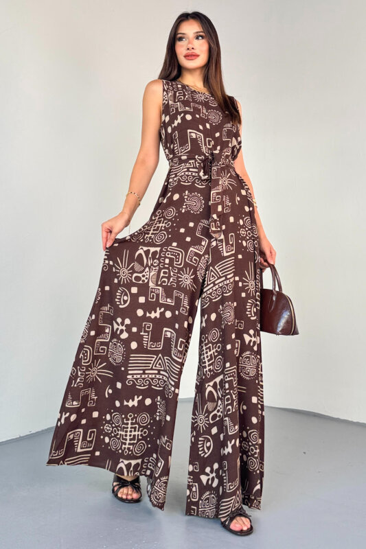 ELB-01816 Kahverengi Etnik Desenli Kuşaklı Askılı Dokuma Tulum Elbise - 1