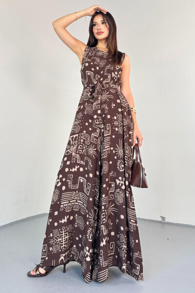 ELB-01816 Kahverengi Etnik Desenli Kuşaklı Askılı Dokuma Tulum Elbise - 6