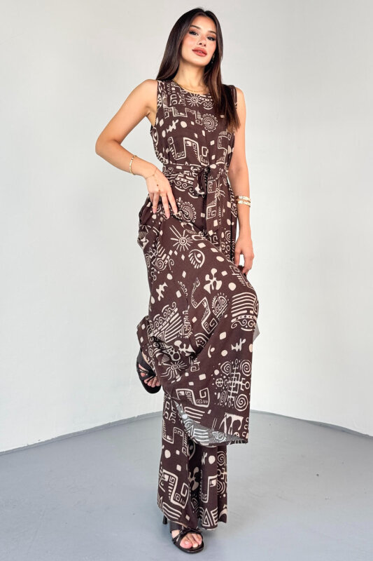 ELB-01816 Kahverengi Etnik Desenli Kuşaklı Askılı Dokuma Tulum Elbise - 7