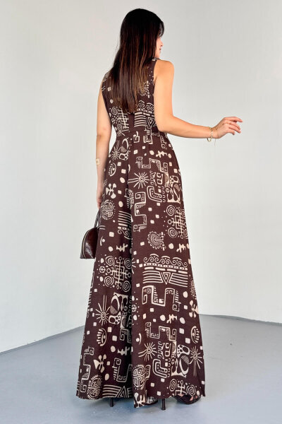 ELB-01816 Kahverengi Etnik Desenli Kuşaklı Askılı Dokuma Tulum Elbise - 4
