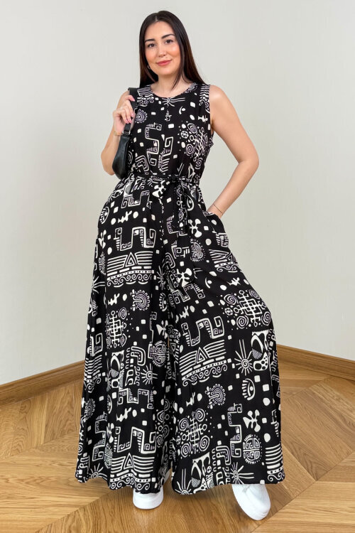ELB-01816 Siyah Etnik Desenli Kuşaklı Askılı Dokuma Tulum Elbise