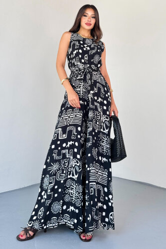 ELB-01816 Siyah Etnik Desenli Kuşaklı Askılı Dokuma Tulum Elbise 