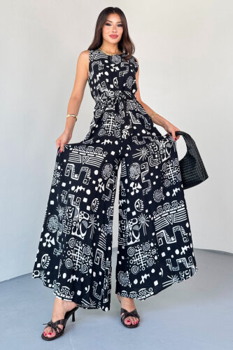 ELB-01816 Siyah Etnik Desenli Kuşaklı Askılı Dokuma Tulum Elbise - 4