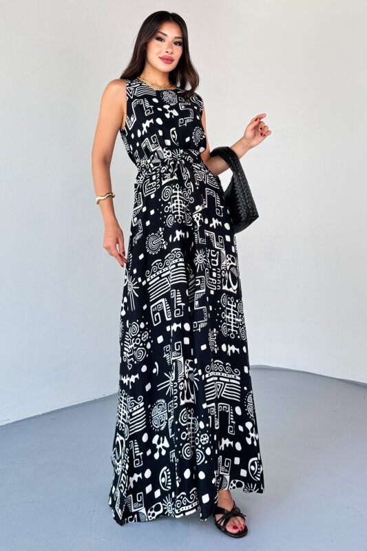 ELB-01816 Siyah Etnik Desenli Kuşaklı Askılı Dokuma Tulum Elbise - 5