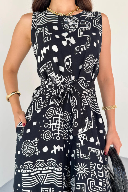 ELB-01816 Siyah Etnik Desenli Kuşaklı Askılı Dokuma Tulum Elbise - 6