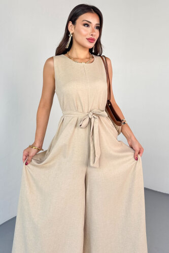 ELB-01819 Bej Kuşak Detaylı Yuvarlak Yaka Kolsuz Tulum - 2