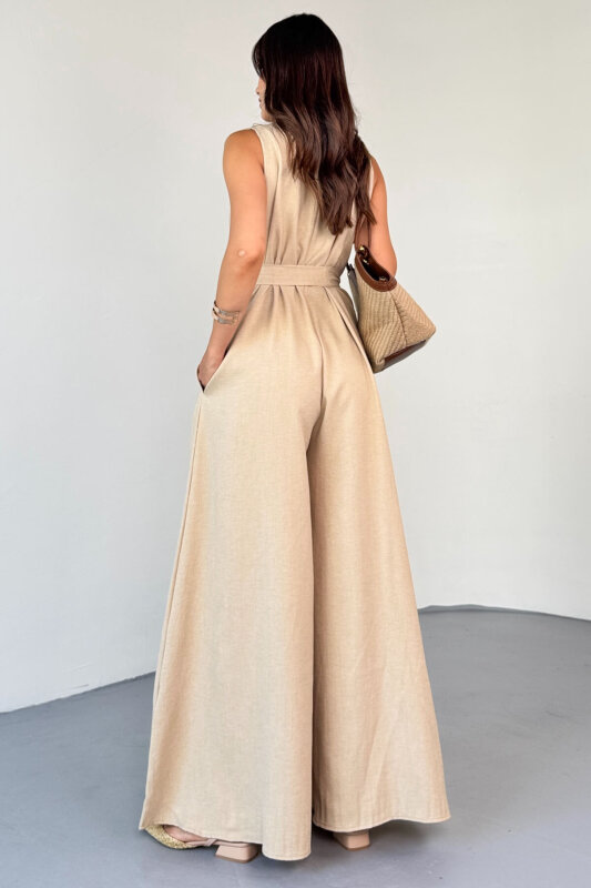 ELB-01819 Bej Kuşak Detaylı Yuvarlak Yaka Kolsuz Tulum - 3