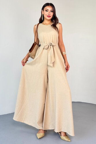 ELB-01819 Bej Kuşak Detaylı Yuvarlak Yaka Kolsuz Tulum - 5