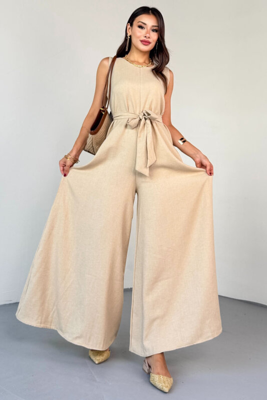 ELB-01819 Bej Kuşak Detaylı Yuvarlak Yaka Kolsuz Tulum - 6