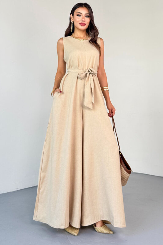 ELB-01819 Bej Kuşak Detaylı Yuvarlak Yaka Kolsuz Tulum - 1