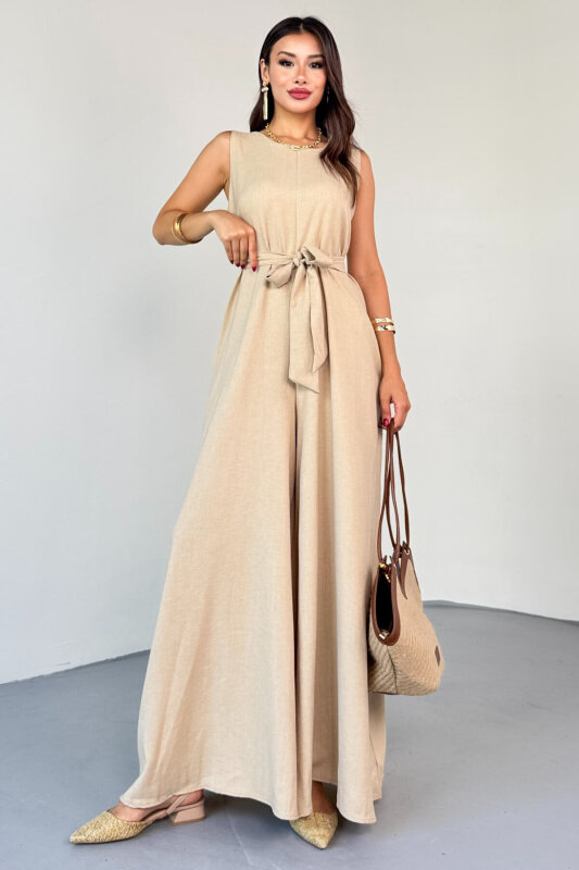 ELB-01819 Bej Kuşak Detaylı Yuvarlak Yaka Kolsuz Tulum - 7