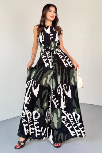 ELB-01821 Haki Desenli Arka Fermuarlı Kuşaklı Pamuklu Viskon Tulum 