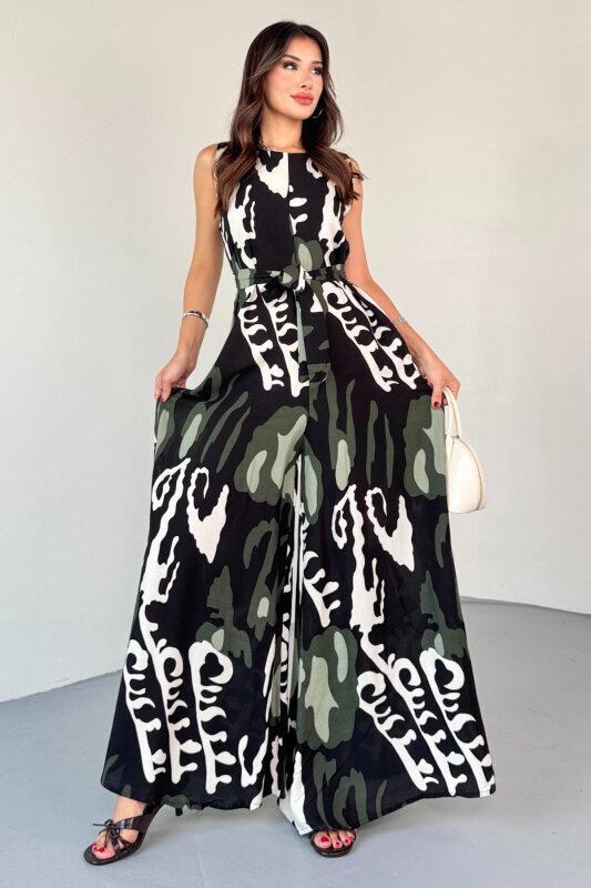 ELB-01821 Haki Desenli Arka Fermuarlı Kuşaklı Pamuklu Viskon Tulum - 1