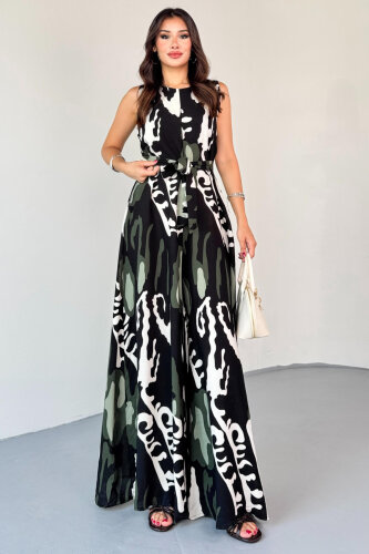 ELB-01821 Haki Desenli Arka Fermuarlı Kuşaklı Pamuklu Viskon Tulum - 4