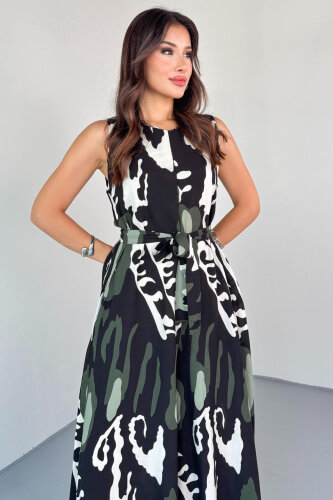 ELB-01821 Haki Desenli Arka Fermuarlı Kuşaklı Pamuklu Viskon Tulum - 6