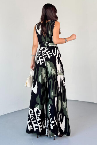 ELB-01821 Haki Desenli Arka Fermuarlı Kuşaklı Pamuklu Viskon Tulum - 7