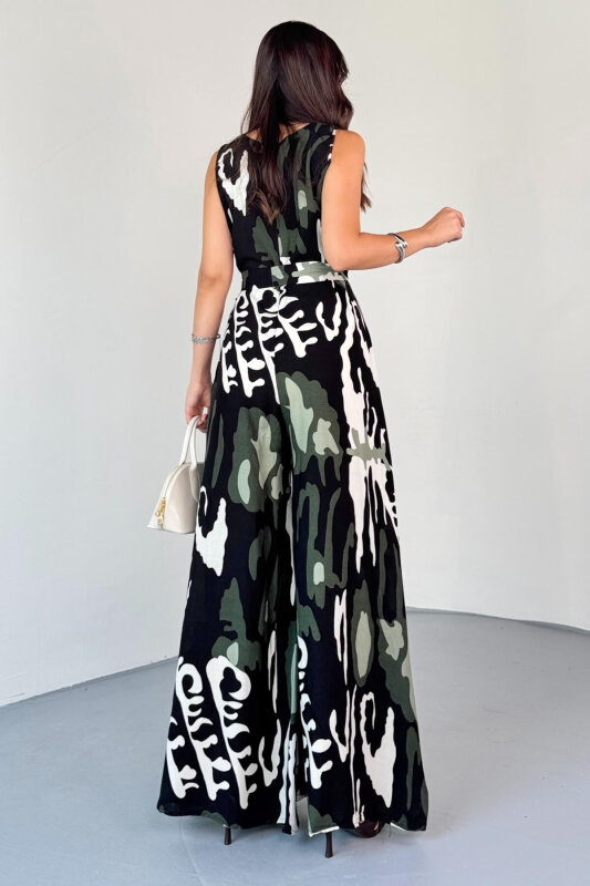 ELB-01821 Haki Desenli Arka Fermuarlı Kuşaklı Pamuklu Viskon Tulum - 7