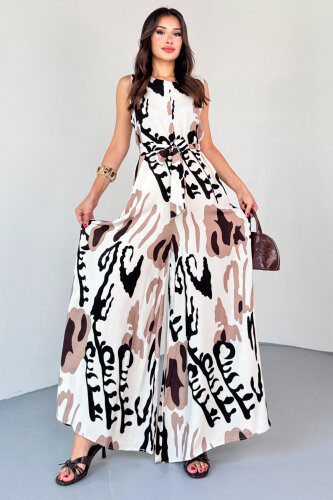 ELB-01821 Kahverengi Desenli Arka Fermuarlı Kuşaklı Pamuklu Viskon Tulum - 4