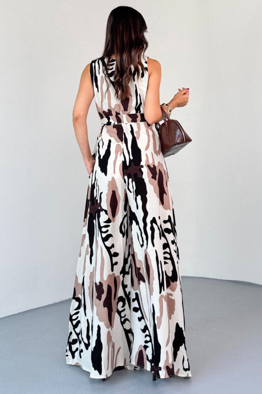 ELB-01821 Kahverengi Desenli Arka Fermuarlı Kuşaklı Pamuklu Viskon Tulum - 5