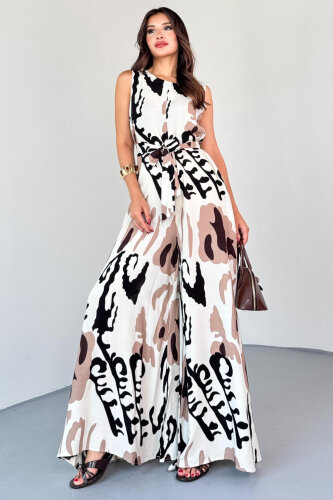 ELB-01821 Kahverengi Desenli Arka Fermuarlı Kuşaklı Pamuklu Viskon Tulum 