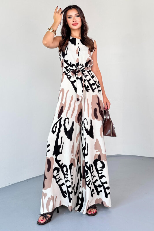 ELB-01821 Kahverengi Desenli Arka Fermuarlı Kuşaklı Pamuklu Viskon Tulum - 6