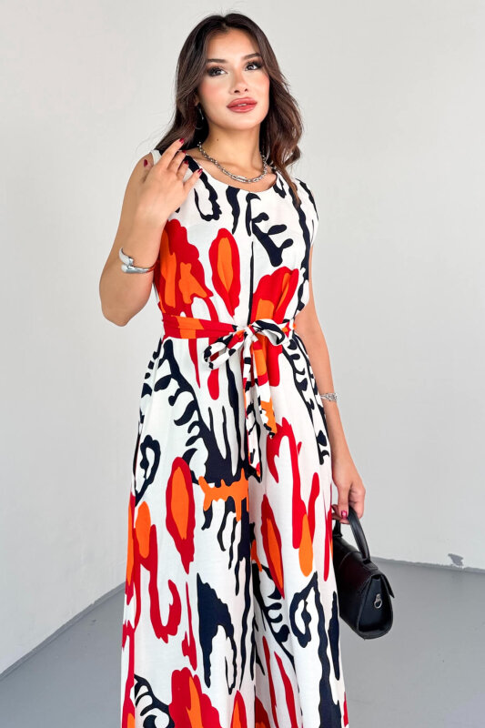 ELB-01821 Nar Çiçeği Desenli Arka Fermuarlı Kuşaklı Pamuklu Viskon Tulum - 2