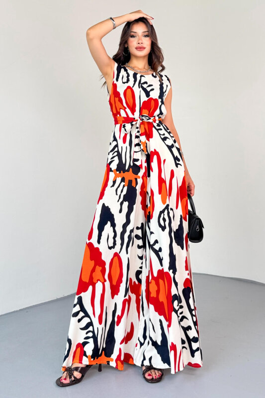 ELB-01821 Nar Çiçeği Desenli Arka Fermuarlı Kuşaklı Pamuklu Viskon Tulum - 4