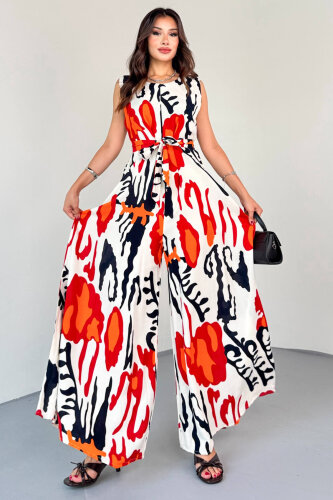 ELB-01821 Nar Çiçeği Desenli Arka Fermuarlı Kuşaklı Pamuklu Viskon Tulum - 5