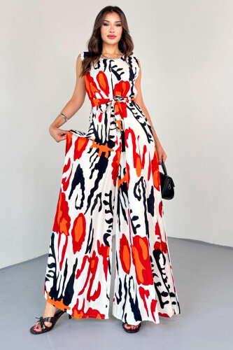 ELB-01821 Nar Çiçeği Desenli Arka Fermuarlı Kuşaklı Pamuklu Viskon Tulum - 6