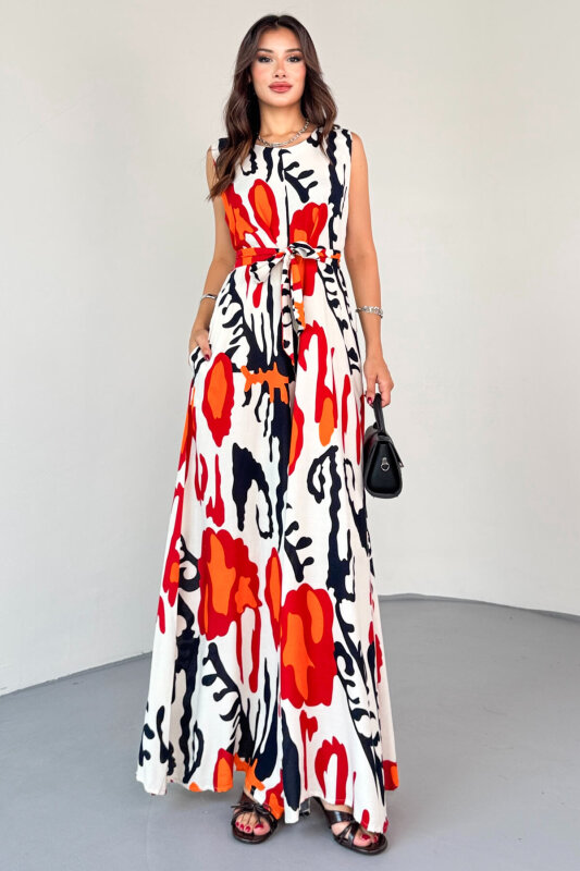 ELB-01821 Nar Çiçeği Desenli Arka Fermuarlı Kuşaklı Pamuklu Viskon Tulum - 1